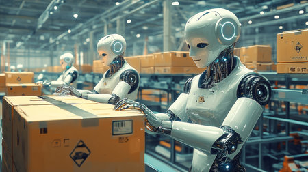 Robots Packing Boxes, Automation Industry 4.0, Smart Logistics, Artificial Intelligence, 3D Renderの素材