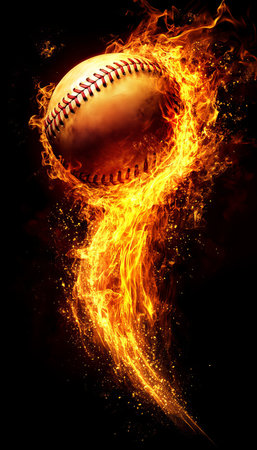 Fiery Fastball A Baseball Engulfed in Dramatic Flames Against a Stark Black Background.の素材