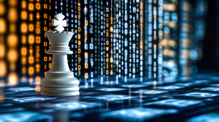 White Chess King With Binary Code Concept For Digital Leadership, Strategy, And Impactの素材