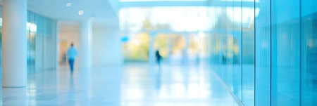 Blurred High Tech Interior Office Building Hallway Modern Contemporary Business Windows Glass Doorsの素材