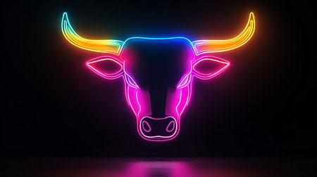 Neon Bull Head. Glowing Purple, Pink, Blue, And Orange Colors. Isolated On Black Background.の素材