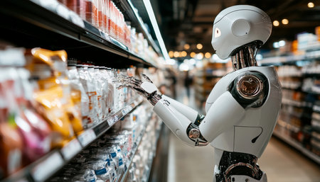 Robot Shopping for Groceries in Supermarket, Futuristic Retail Experience with AI and Automation.の素材