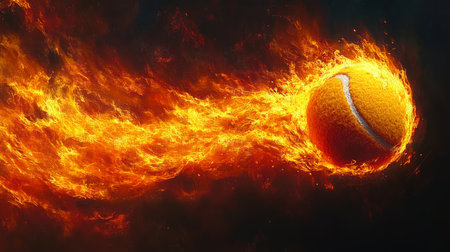 Burning Tennis Ball on Fire A Symbol of Intensity and Passion With a Dark Background.の素材