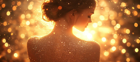 Womans Back In Sparkling Dress, Festive Lighting, Luxurious Texture, Celebratory Mood, Close Upの素材