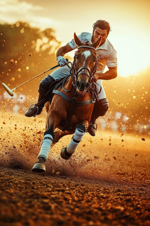 Polo Player in Action, Charging Across Dusty Field with Intensity, Determination, and Speedの素材
