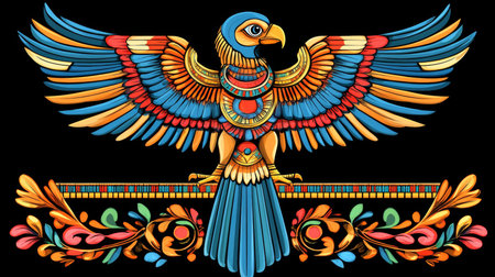 Ancient Egyptian Falcon God Horus A Colorful Illustration on Black for Wallpaper, Backgroundsの素材