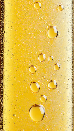 Close Up Of Golden Lager With Streaming Bubbles And Water Droplets On A Gold Or Yellow Backgroundの素材