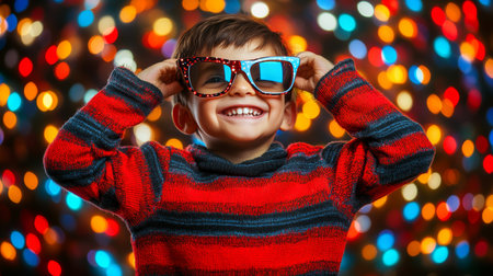 Smiling Boy, Festive Holiday Lights, and Stylish Colorful Sunglasses Joy and Celebrationの素材
