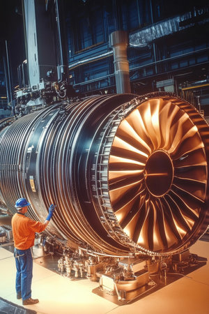 Skilled Technician Conducts Inspection on a Massive Aircraft Turbine in an Industrial Hangar.の素材