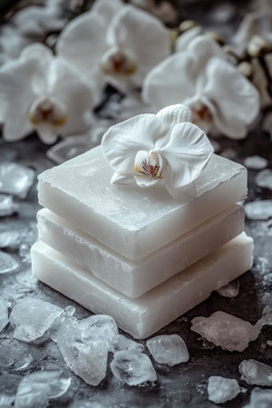 Soothing Spa Setting Stacked Organic Soap Bars and White Orchid Embracing Tranquility.の素材