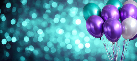 Purple, Teal and White Balloons on a Bokeh Background Festive Celebration, Birthday Party Decor.の素材