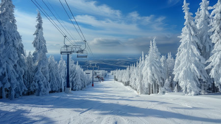 Scenic View of an Empty Ski Slope Chairlifts, Snow-Covered Forest, and Blue Skies on a Winter Dayの素材