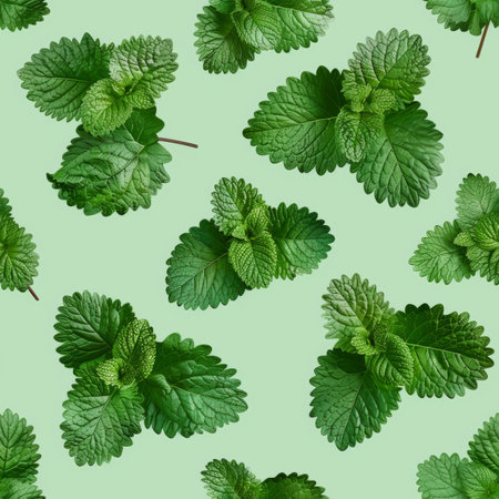 Seamless Pattern, Fresh Green Mint Leaves on Green Background, Herbal Tea, Natural Patternの素材