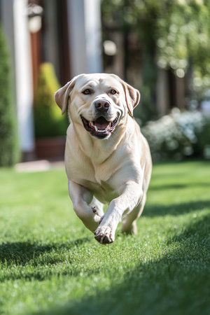 Joyful Yellow Labrador Retriever Dog Running Through Lush Green Grass on a Sunny Summer Dayの素材