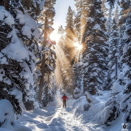 Lone Skier Exploring a Sun-Drenched, Snowy Forest Trail, Embarking on a Winter Wonderland Adventureの素材
