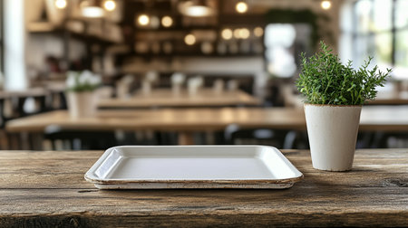 Empty White Food Tray on Rustic Table in Cafeteria Setting With Copy Space, Food Service Conceptの素材