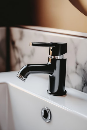 Modern Black Minimalist Faucet and Sink in Bathroom. Close Up Detail, Contemporary Design.の素材