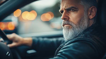 Serious Senior Man Wearing Black Leather jacket with Long Silver Beard Grips the Steering Wheel .の素材