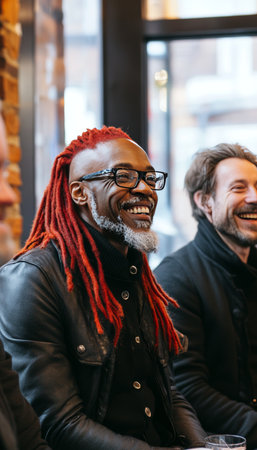 Smiling friends enjoying conversation in a cafe , sharing a moment of laughter and connection.の素材