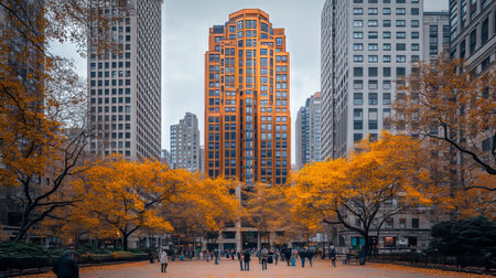 Modern Architecture, Autumn in the City Copper Skyscraper Amidst Colorful Trees and Urban Lifeの素材
