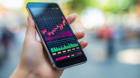 Investor Checks Real-Time Stock Market Data, Tracking Gains and Losses on Mobile Phone, Trading Appの素材