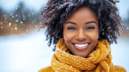 Winters Warm Embrace Happy Young Woman With Snow-Dusted Hair Enjoys The Seasons Beautyの素材
