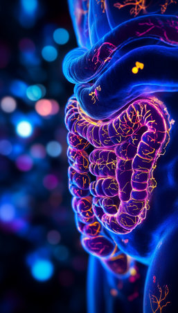 Human Digestive System Anatomy, 3D Illustration on a Vibrant Blue Background, Medical Conceptの素材