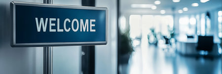 Contemporary Office Entrance Welcome Message Displayed on Signboard in Bright Interiorの素材