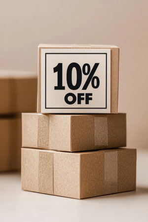 Minimalist Composition 10 Off Sign On Stacked Cardboard Boxes, Sale  Discount Conceptの素材