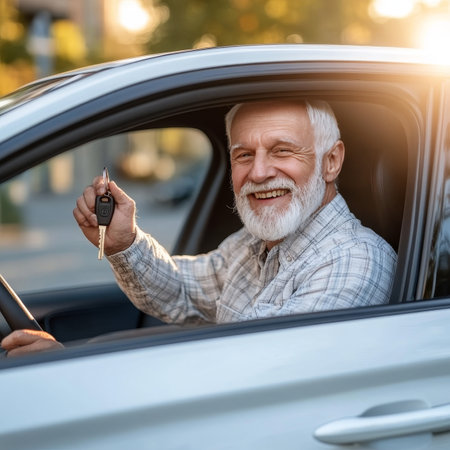 Smiling Senior Man Holds Car Keys, Excited for Retirement Road Trip Adventures, Copy Spaceの素材