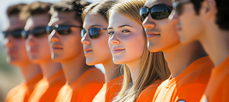 United in Orange A Close-Up of Individuals Standing Together, Symbolizing Unity and Supportの素材