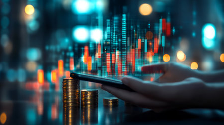 Financial Success Concept Hands Holding Smartphone with Rising Stock Market Hologram and Gold Coinsの素材