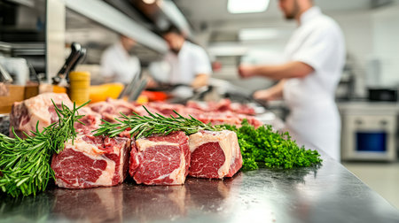 Raw beef steaks, rosemary, and parsley on a stainless steel counter in a professional kitchen.,の素材