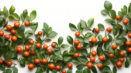 Freshly Picked Citrus Fruits, With Leaves, Arranged in a Pattern on White Background.の素材