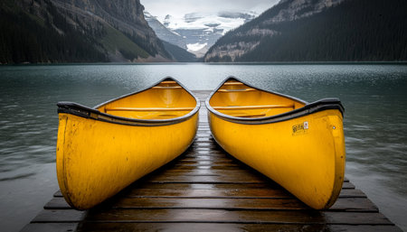 Two Yellow Canoes Docked on a Wooden Pier in a Turquoise Mountain Lake Under Dramatic Skyの素材