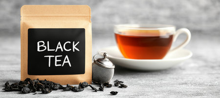 Black Tea Packaging Mockup, Pouch With Cup Of Hot Freshly Brewed Infusion And Tea Strainerの素材