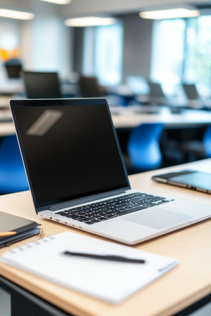 Modern Workspace Laptop, Notebook, and Pen on a Desk in an Open-Concept Office Setting.の素材