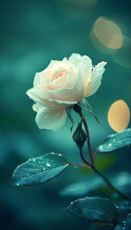 Enchanting pale rose with blush hues illuminated by gentle golden light through leavesの素材