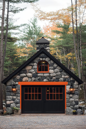 Rustic Charm Quaint Stone Cottage with Orange Accents and Black Garage Door in Autumnの素材