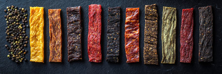 Assortment of Various Jerky Types A Delicious Display of Flavors and Textures on a Black Backgroundの素材