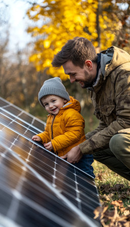 Father And Son Learning About Renewable Energy Examining Efficiency Solar Panel, Autumn.の素材