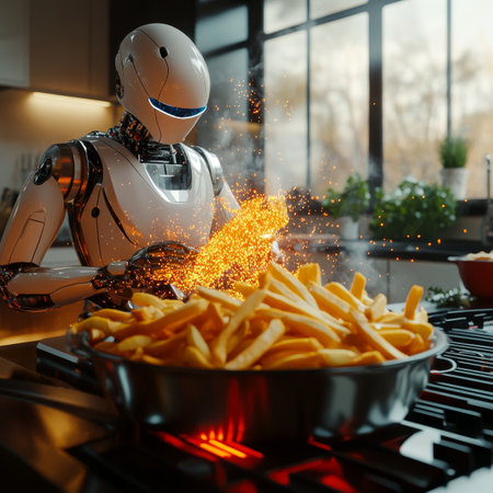 Robot Chef Prepares Perfect Golden Fries in a Modern Kitchen, Culinary Technology Conceptの素材