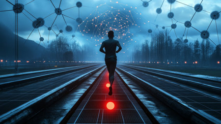 Lone Man Running on Futuristic Track, Illuminated Nodes, Digital Transformation, Technology Concept.の素材