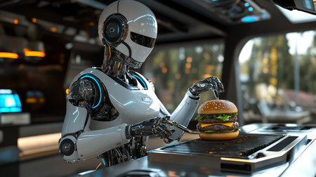 Automated Chef Prepares Burger in Futuristic Kitchen Culinary Robotics and Food Service Automationの素材