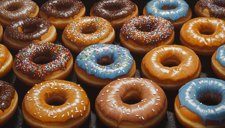 Assortment of Freshly Baked Donuts with Chocolate, Sprinkles, and Glazes on Dark Backgroundの素材