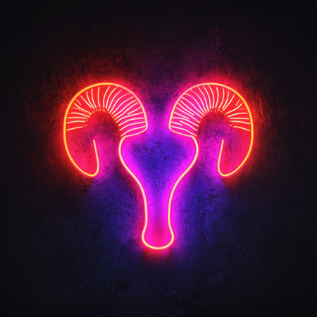 Neon Aries Zodiac Sign Vibrant Neon Illustration of the Ram on a Textured Backgroundの素材