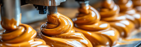 Close-up of Food Production Line Dispensing Creamy Liquid into Molds, Food Processing Conceptの素材