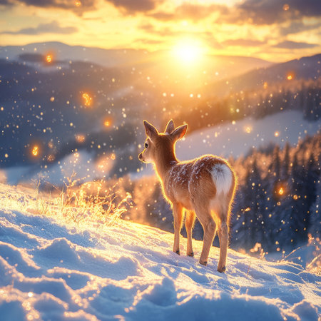 Golden Hour Majesty Solitary Deer Gazing Upon a Tranquil Winter Wonderland at Sunsetの素材