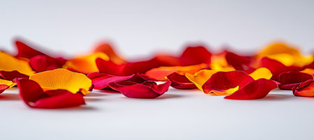 Scattered Red And Yellow Rose Petals On White, Floral Background With Delicate Floral Fragranceの素材