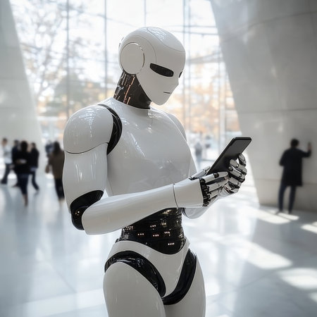 Futuristic Humanoid Robot Using Smartphone with Advanced AI, Technology in Sleek Modern Architectureの素材